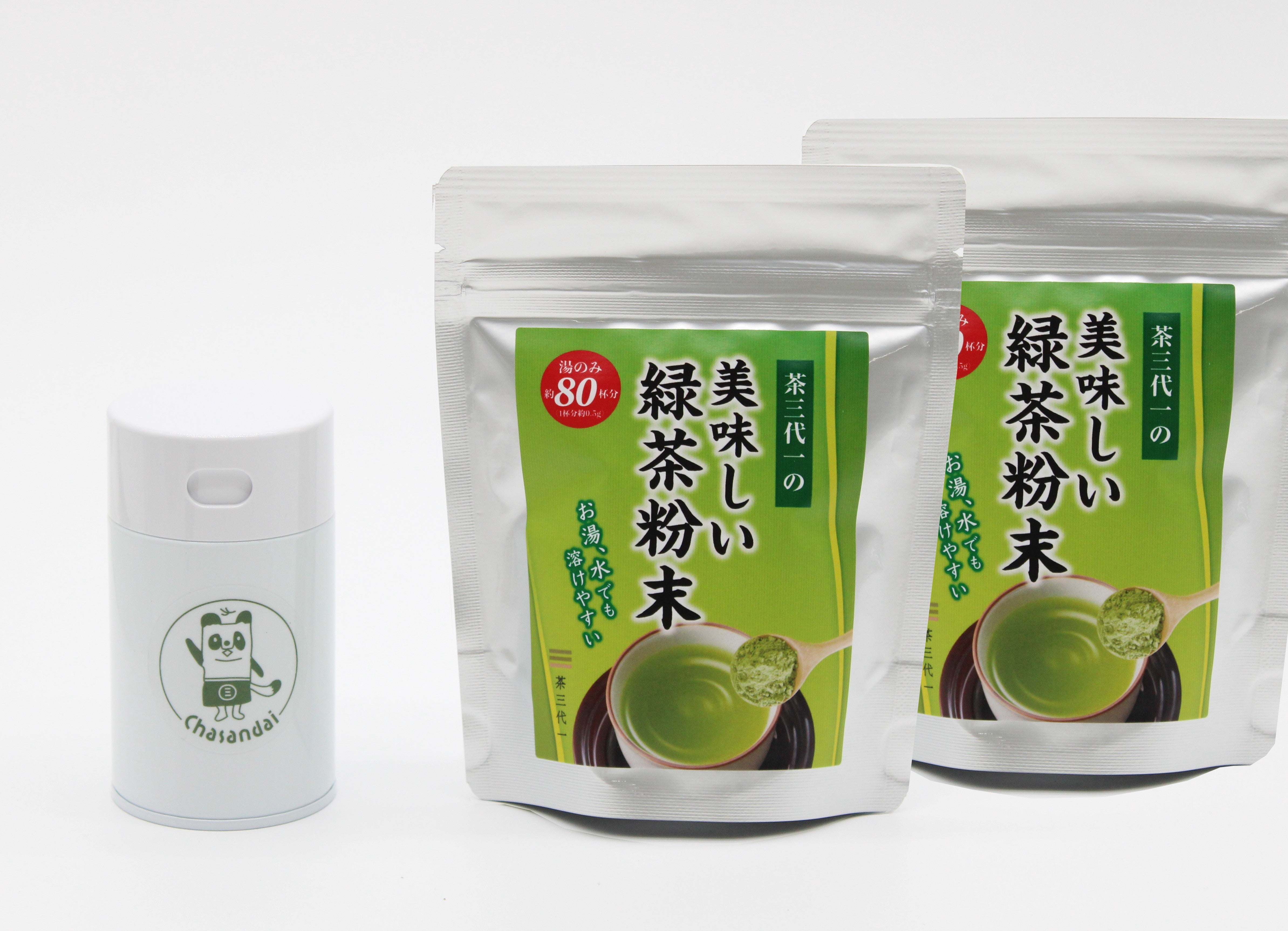 美味しい緑茶粉末 40g 2個セット ちゃぬき印の専用茶缶付 – 株式会社